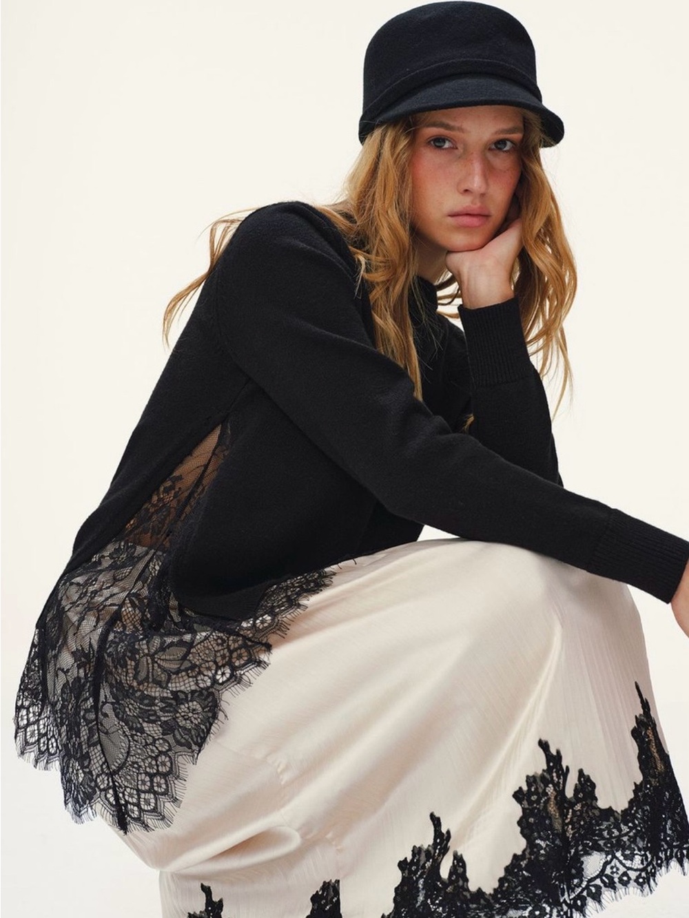 Black Lace-Trim Knitted Sweater